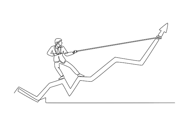 Empresário de desenho de uma única linha puxando o gráfico de desempenho subindo com esforço total conceito de negócio de sucesso ilustração em vetor gráfico de design de desenho de linha contínua