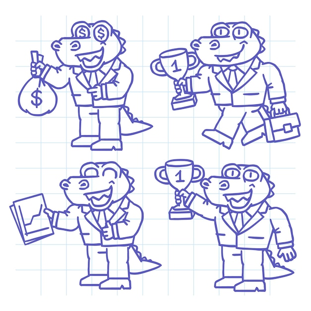 Empresário de jacaré definir doodle parte um. personagem desenhada de mão. ilustração vetorial