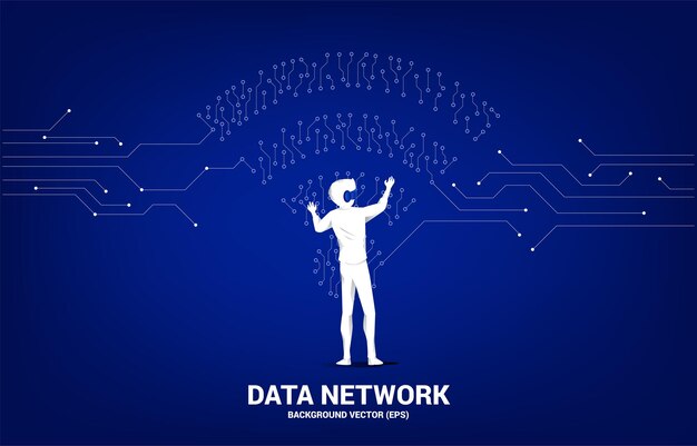 Empresário de silhueta usa óculos VR com ícone de dados móveis estilo placa de circuito de linha de conexão de ponto Conceito para transferência de dados de rede de dados móveis e wifi