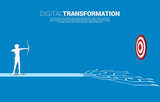 Vetor empresário de terno atira a flecha para o alvo no caminho com o conceito de circuito de linha de conexão de pontos da transformação digital dos negócios