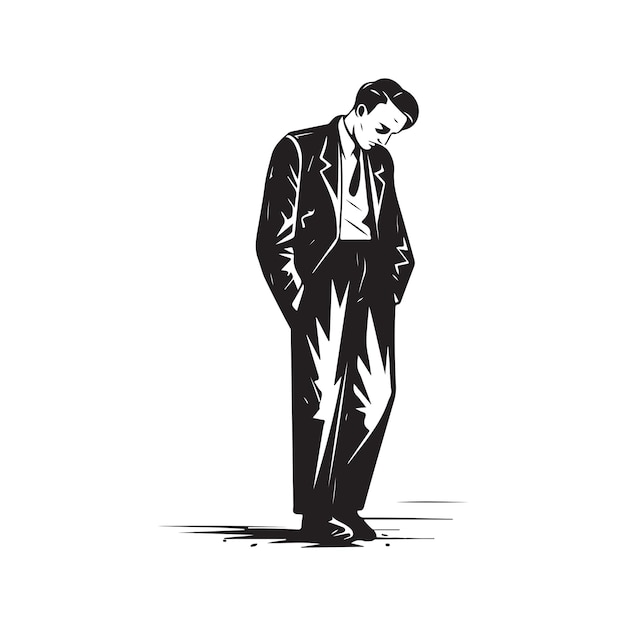 Empresário de vontade fraca, logotipo vintage, conceito de arte de linha, cor preto e branco, ilustração desenhada à mão