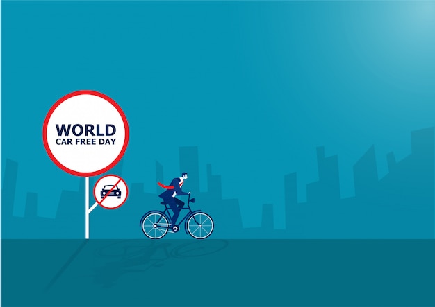 Empresário dirigir bicicleta com ilustração em vetor dia livre de carro mundial.