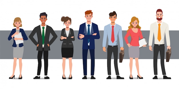 Empresário e empresária personagem de desenho animado sobre fundo branco. Projeto de conceito de trabalho em equipe.