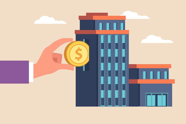 Empresário economizando dinheiro de moeda de ouro no edifício Taxa de juros de crescimento de investimento visionário financeiro subindo ou conceito de previsão econômica Ilustração em vetor plana colorida isolada