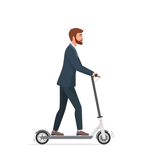 Vetor empresário em terno formal usando veículo urbano de scooter elétrico isolado