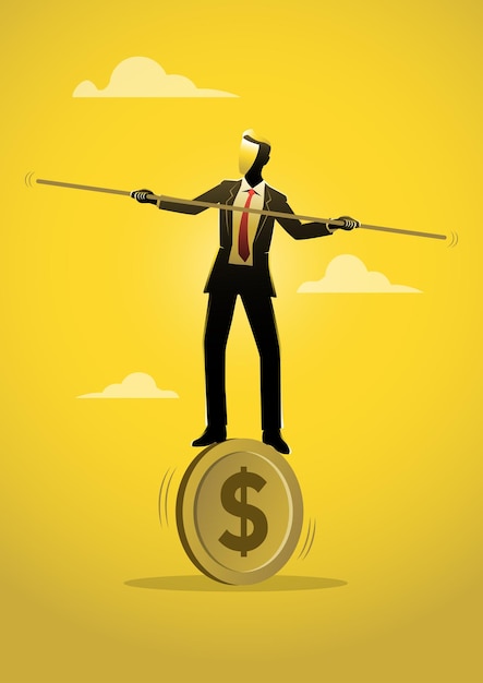Empresário equilibrando para não falhar de andar na moeda do dólar