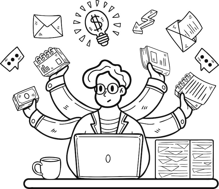 Vetor empresário fazendo ilustração multitarefa em estilo doodle