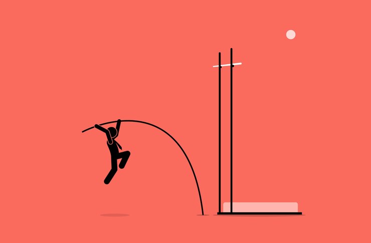 Empresário fazendo salto com vara. a arte retrata carreira, desafio, objetivo, missão, ambição e missão.