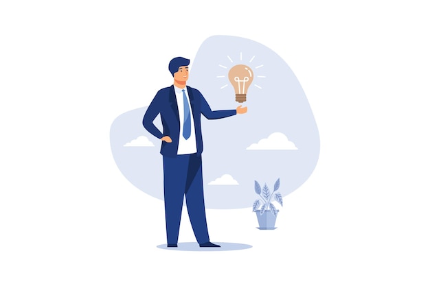 empresário feliz segurando a ideia de lâmpada sorridente com vibrações positivas em torno de ilustração vetorial plana