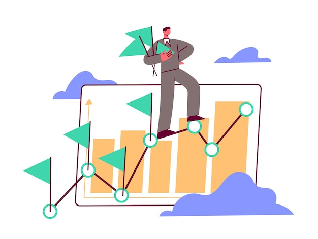 Empresário fica em um gráfico ascendente e sinaliza pontos significativos