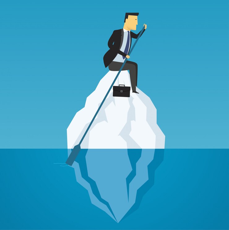 Vetor empresário flutua no iceberg, desafio de negócios