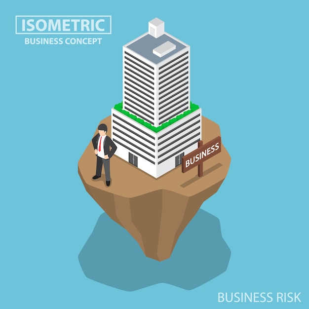 Empresário isométrico constrói negócios em terreno instável, conceito de risco de negócios e investimento