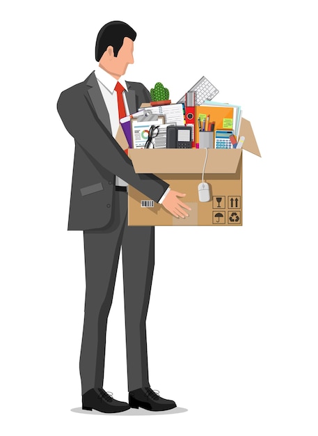 Empresário, mudando-se para o novo escritório. Caixa de papelão com pasta, papel de documento, contrato, calculadora, lápis de caneta, óculos, livro, telefone de pasta. Teclado, cacto de rato. Ilustração vetorial plana