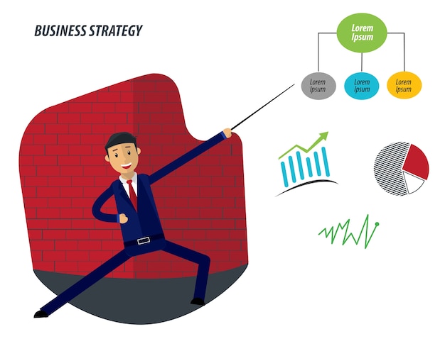 Vetor empresário ou gerente com gráficos, diagramas, ele está pensando