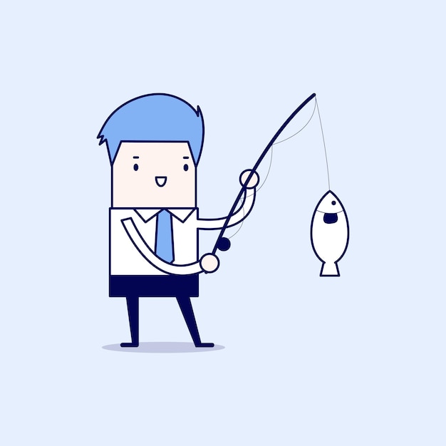 Empresário pescando um grande peixe. vetor de estilo de linha fina de personagem de desenho animado.
