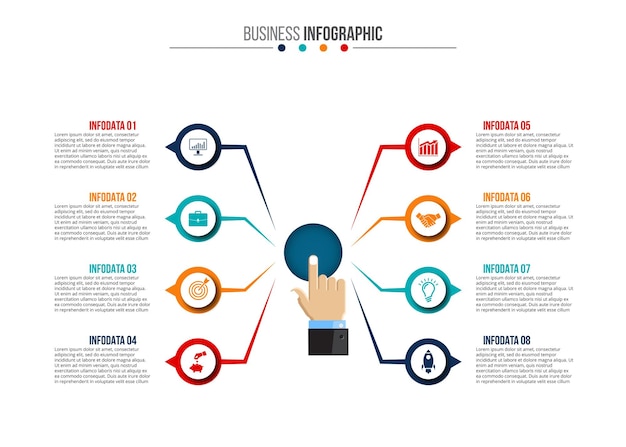 Empresário pressionando botão em um fundo virtual infográfico com 8 opções