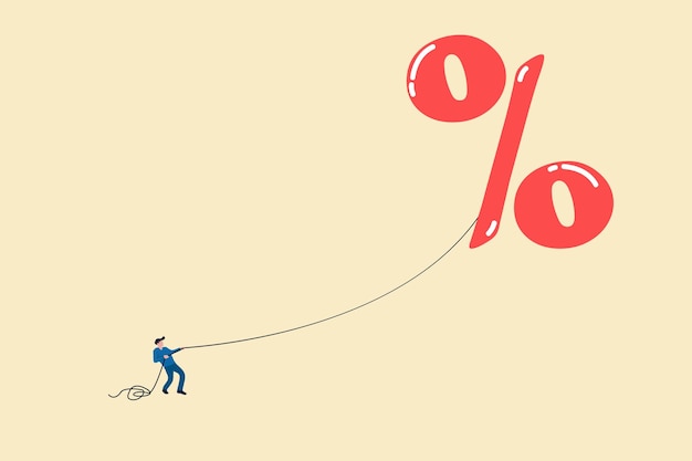 Vetor empresário puxar inflação taxa de juros balão conceito de aumento das taxas de juros parar e inflação