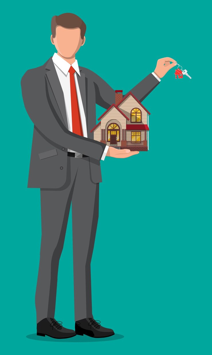 Vetor empresário segurando a chave e a construção da casa
