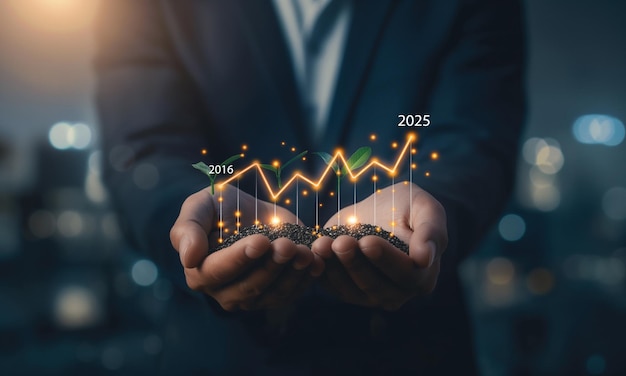 Empresário segurando gráfico de crescimento um ano 2025 de negócios e análise de dados desenvolvimento