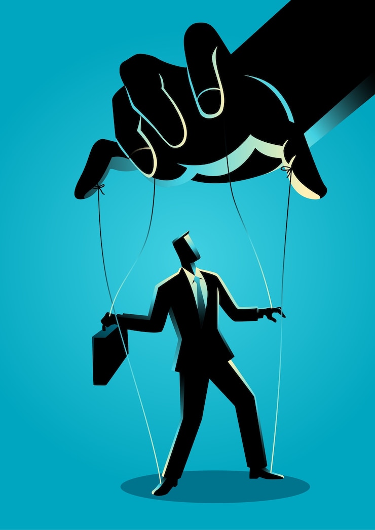 Vetor empresário sendo controlado pelo mestre de marionetes
