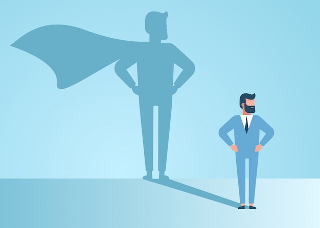 empresário sonha em se tornar um super-herói. Confiante, bonito, jovem empresário permanente super-herói sombra conceito ilustração