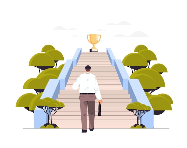 Vetor empresário subindo a escada para o troféu de ouro homem de negócios ganhar caminho de prêmio para o conceito de vitória de crescimento bem sucedido ilustração vetorial horizontal de comprimento total
