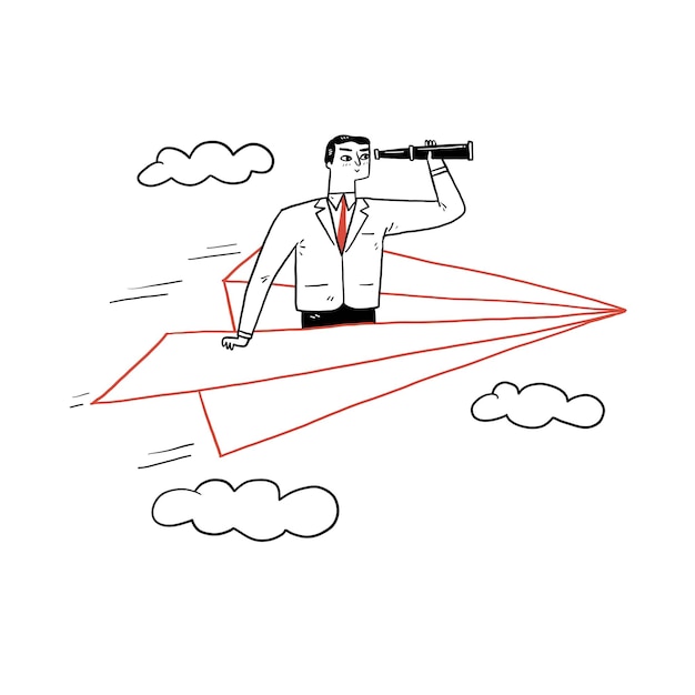 Vetor empresário voando com avião de papel usando telescópio