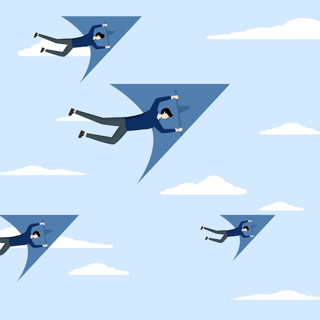 Empresário voando em um planador em direção ao crescimento para vencer desafios, forma inovadora de ganhar negócios