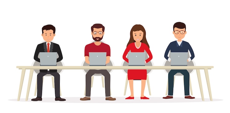 Vetor empresários atrás de uma mesa trabalhando em um laptop. trabalho em equipe em rede.