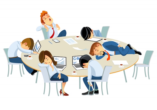 Empresários cansados, oficiais de pessoal corporativo, dormindo à mesa no escritório. ilustração de estilo cartoon isolada no fundo branco