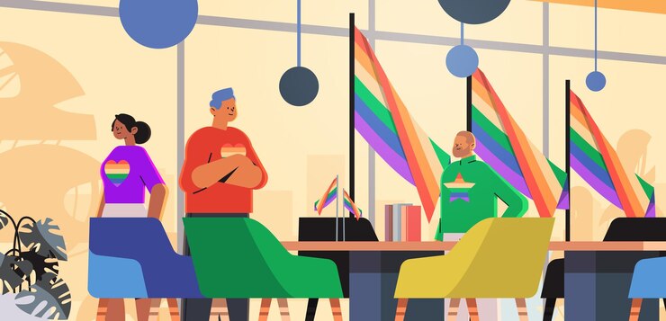 Vetor empresários de raça mista com bandeiras do arco-íris lgbt, desfile de amor lésbico gay, festival de orgulho, conceito de amor transgênero