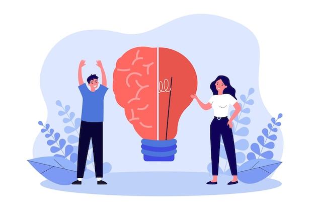 Empresários em pé com metade do cérebro humano e uma lâmpada. Criação de ideia inteligente por ilustração vetorial plana de homem e mulher. Conceito de inovação para banner, design de site ou página de destino da web