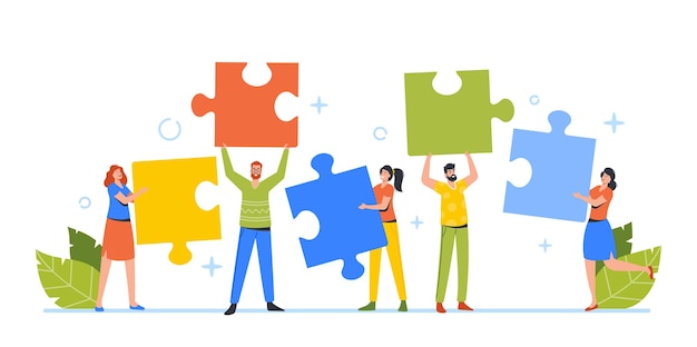 Empresários Equipe Coworking Trabalho em Equipe Cooperação Trabalho Coletivo Parceria Conceito Escritório Pessoas Trabalham Juntos Configurando Enorme Colorido Separado Peças Do Quebra-Cabeça Ilustração Vetorial