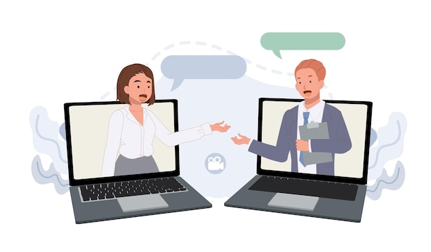 Empresários falam através de telas de laptop comunicação online e conceito de reunião de negócios ilustrações vetoriais