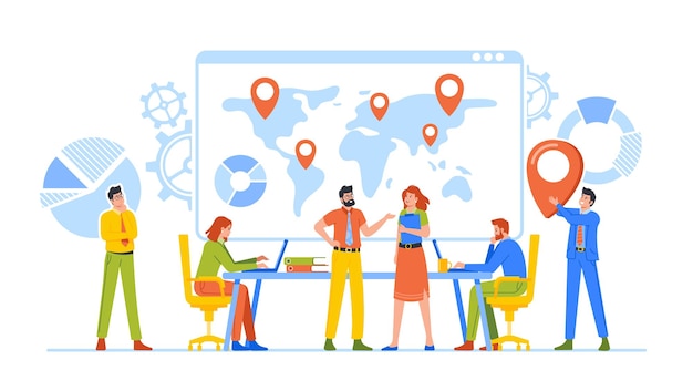 Empresários pensam e discutem ideias no escritório com pesquisa de mapas e conceito de marketing com equipe criativa