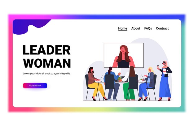 empresários tendo conferência on-line, reunindo mulheres de negócios, discutindo com a mulher líder durante a videochamada