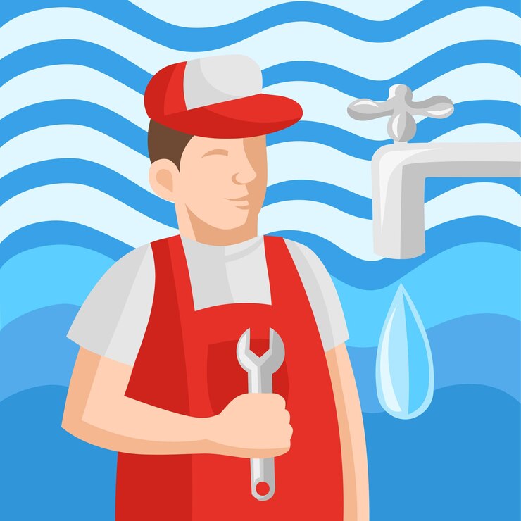 Vetor encanador de uniforme com chave durante o serviço de encanamento trabalha com água na imagem vetorial de fundo