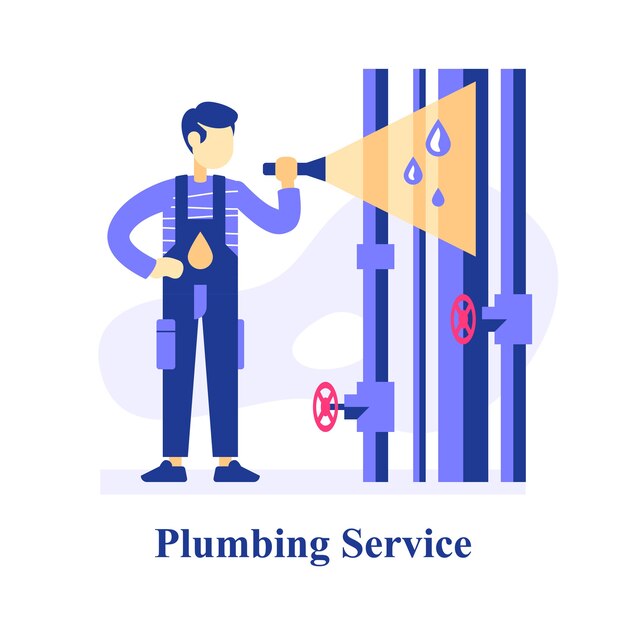 Encanador inspecionando canos, encontrando problemas, consertando tubos com vazamento, linha d'água central, atendente segurando a lanterna, situação de emergência, melhoria e substituição de esgoto, danos no conduíte