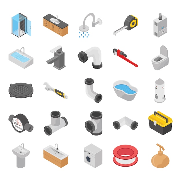 Encanador, wc, ícones isométricos de chuveiro de banho