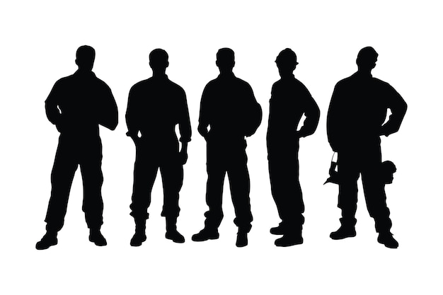 Encanadores masculinos vestindo silhueta de uniformes vetor definido em um fundo branco Encanador de pé na coleção de silhueta de posição diferente Faz-tudo e trabalhadores do serviço de encanamento com rostos anônimos