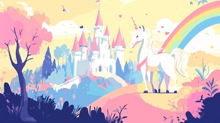 Vetor encantador unicórnio e princesa no castelo com rainbow fairytale fantasy wide image