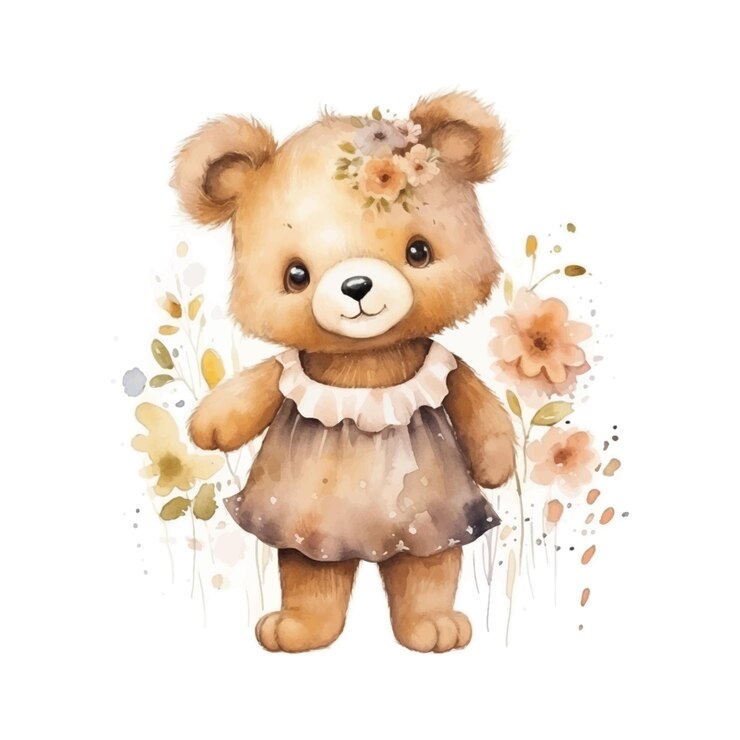 Encantador ursinho de pelúcia com ilustração em aquarela com flores delicadas, uma mistura cativante de fofura e natureza