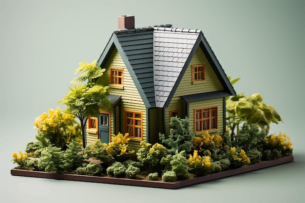 Vetor encantadora casa antiga num prado verde com uma cerca de madeira campo verde com pequena casa de madeira aconchegante