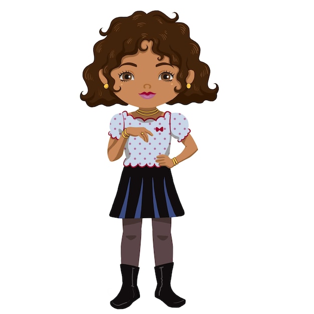 Encantadora colegial afro-americana posando de uniforme com acessórios