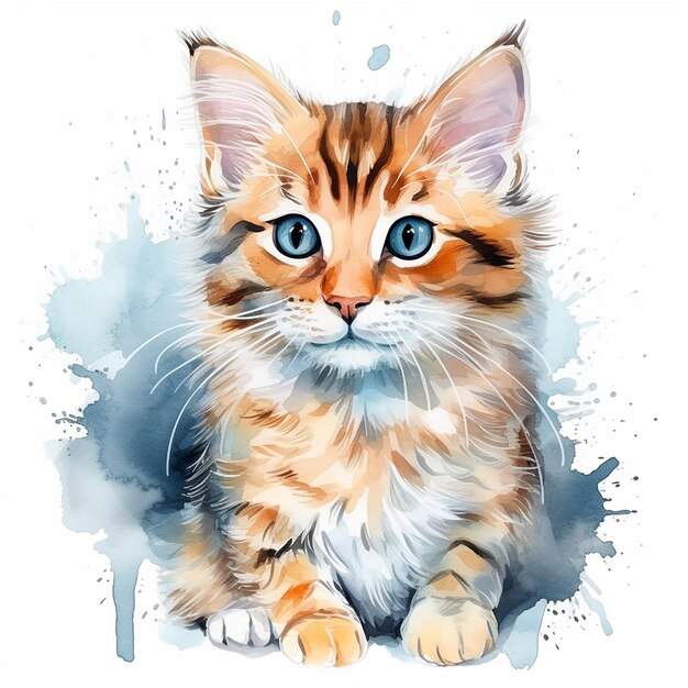 Encantadora pose de aquarela de gato com fundo branco