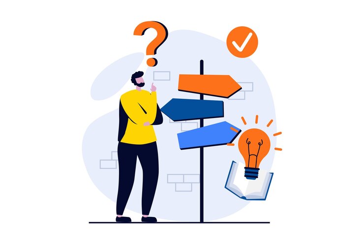 Vetor encontrando o conceito de solução com cena de pessoas em design de desenho animado plano o homem pensa e escolhe a direção enquanto está na frente de sinais com direções de setas ilustração vetorial história visual para web