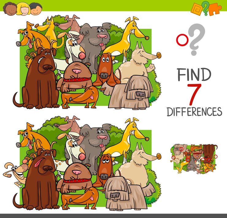 Vetor encontrar diferenças com os personagens dos animais dos cães