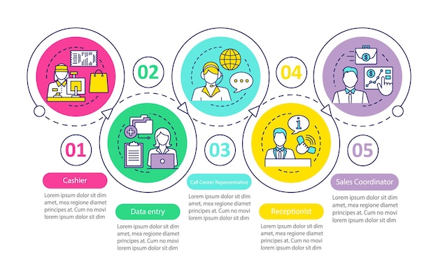 Vetor encontrar modelos de infográfico de vetor de empregos a tempo parcial. elementos de design de apresentação de negócios. visualização de dados com cinco etapas e opções. gráfico de linha do tempo do processo. layout de fluxo de trabalho com ícones lineares