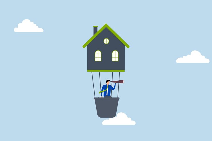 Vetor encontrar uma nova casa ou mudar-se para uma nova casa um empreendedor inteligente voa usando um balão em forma de casa para obter uma perspectiva