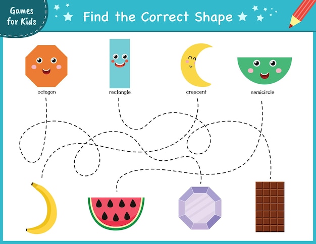 Vetor encontre a forma correta jogo de labirinto para crianças página de atividades de formas de aprendizagem para pré-escola puzzle